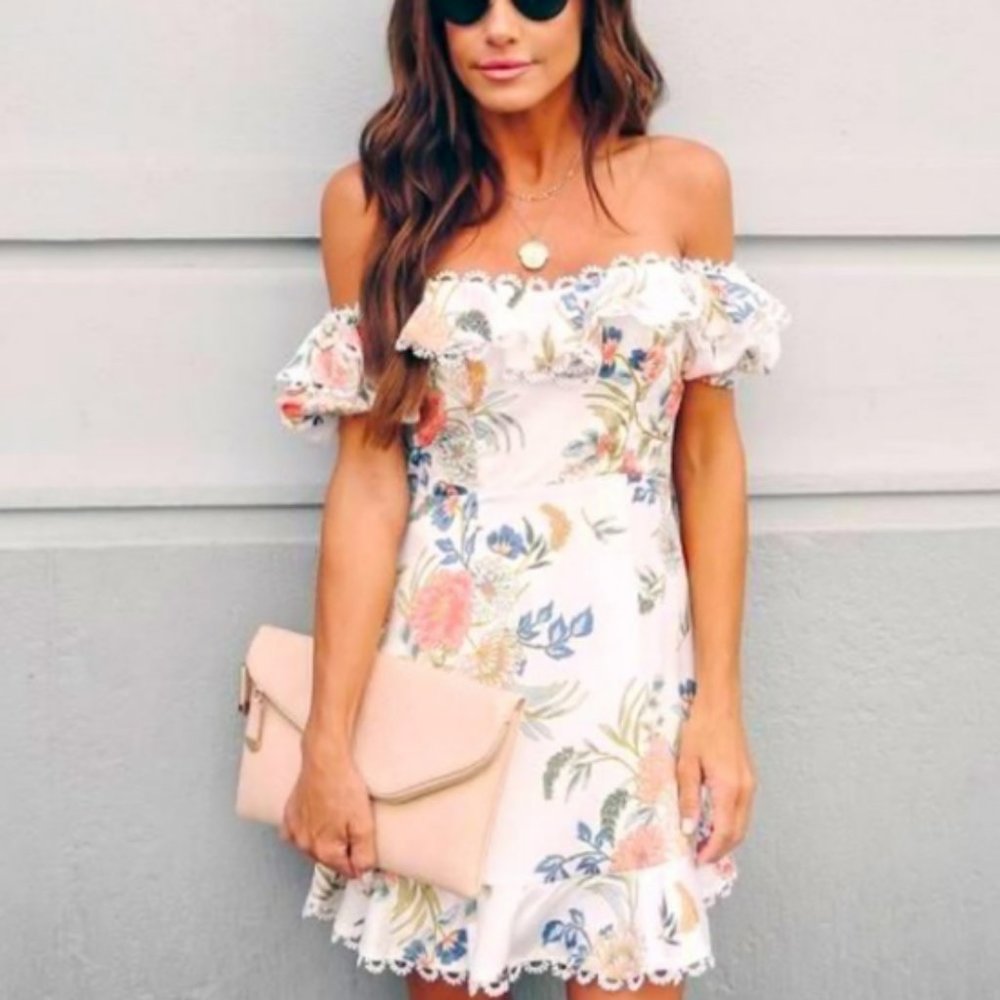 | vici • saints & secrets floral off the shoulder mini dress • size small | - Picture 3 of 5